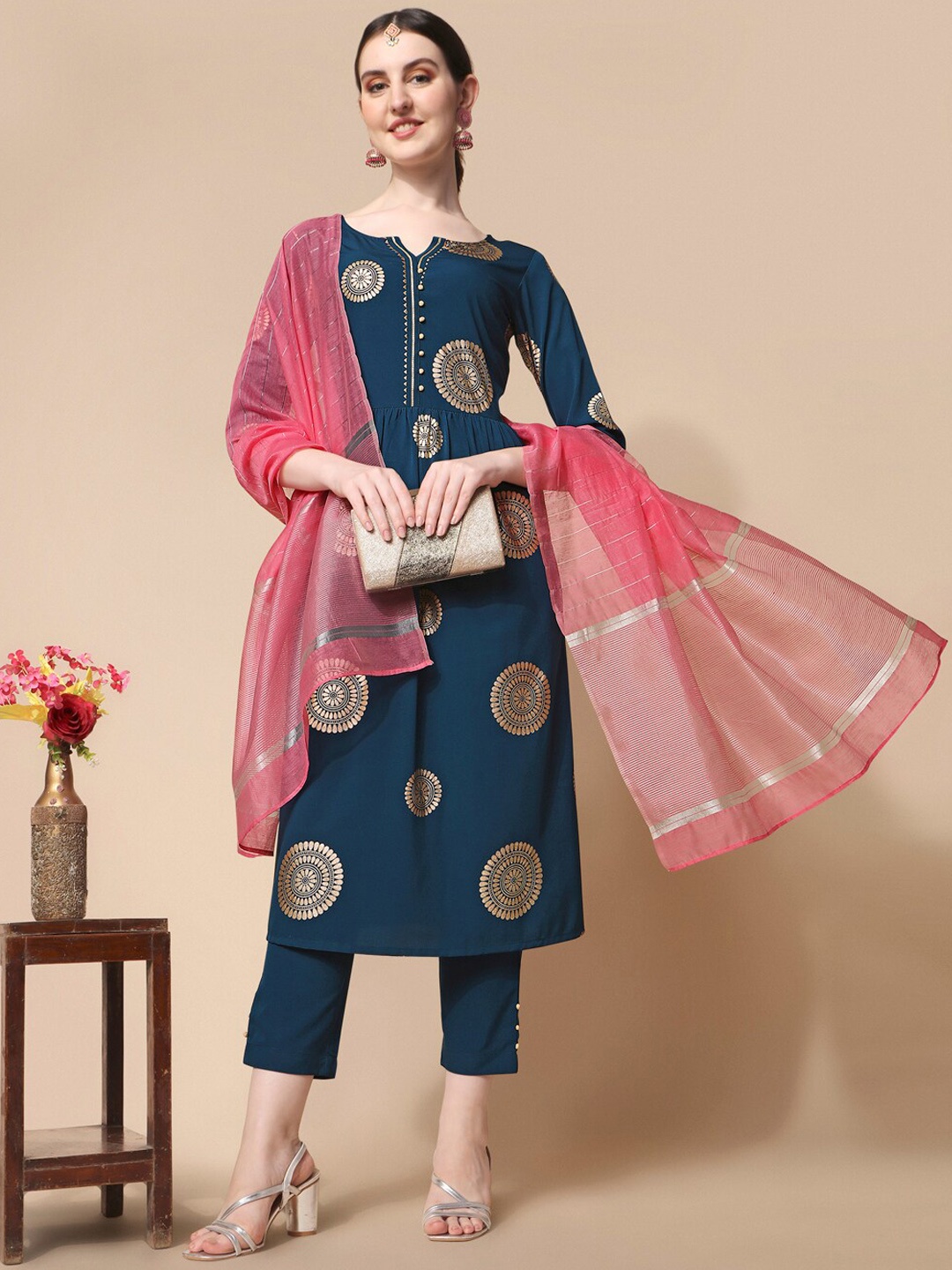 

NAINVISH Ethnic Motifs Printed Regular Gotta Patti Kurta With Trousers & Dupatta, Navy blue