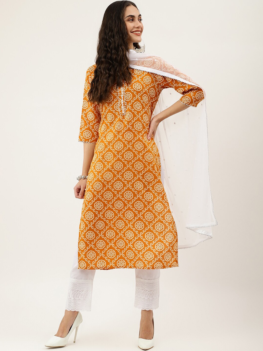 

NAINVISH Bandhani Printed Regular Gotta Patti Kurta With Trousers & Dupatta, Yellow