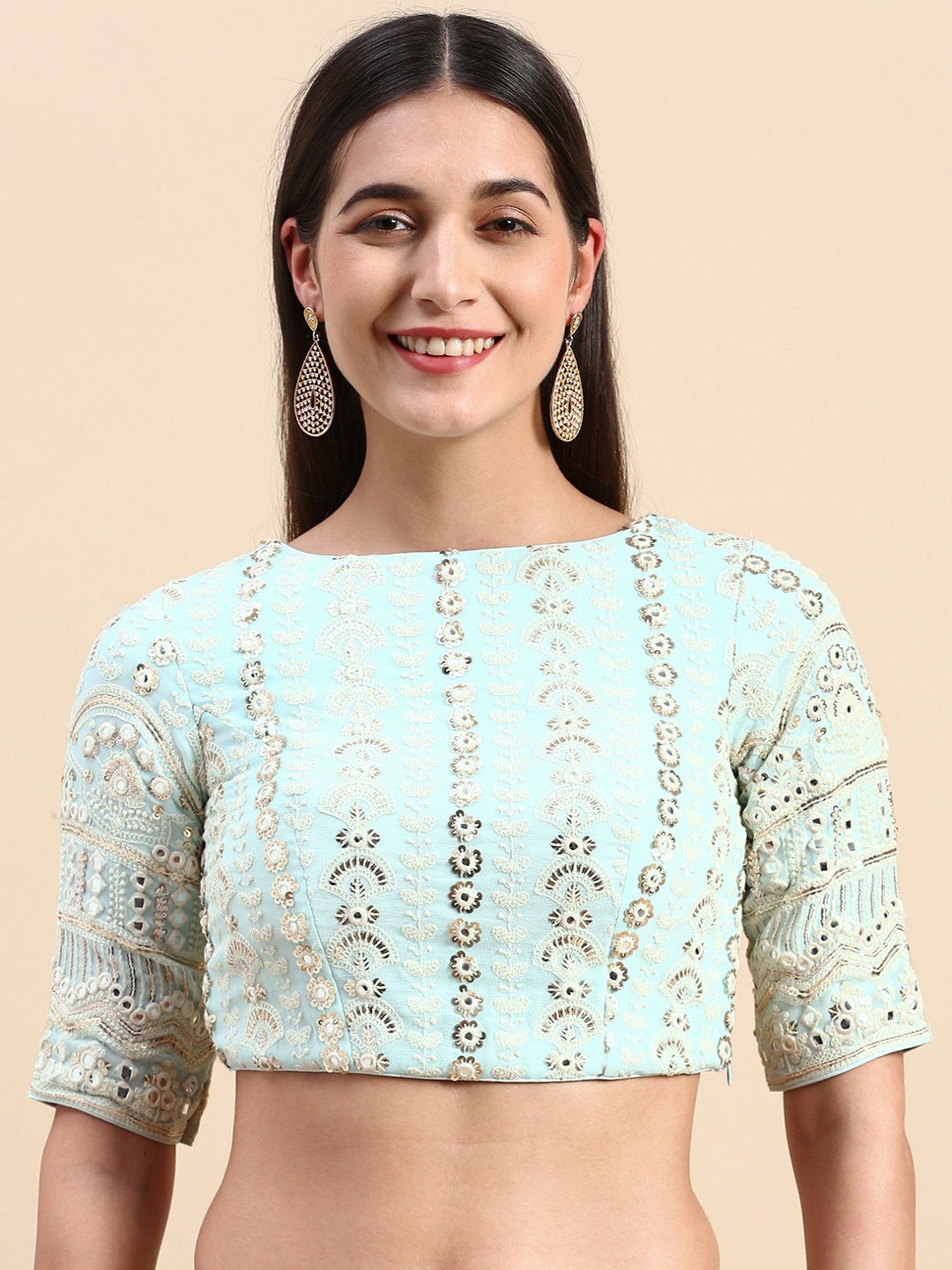 

Ethnovog Embroidered Georgette Blouse, Turquoise blue