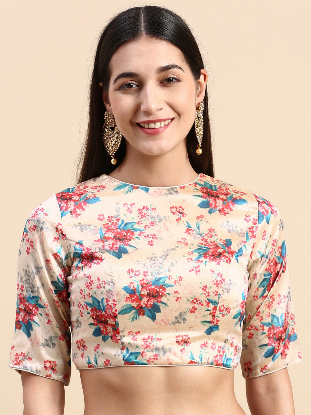 

Ethnovog Floral Printed Saree Blouse, Beige