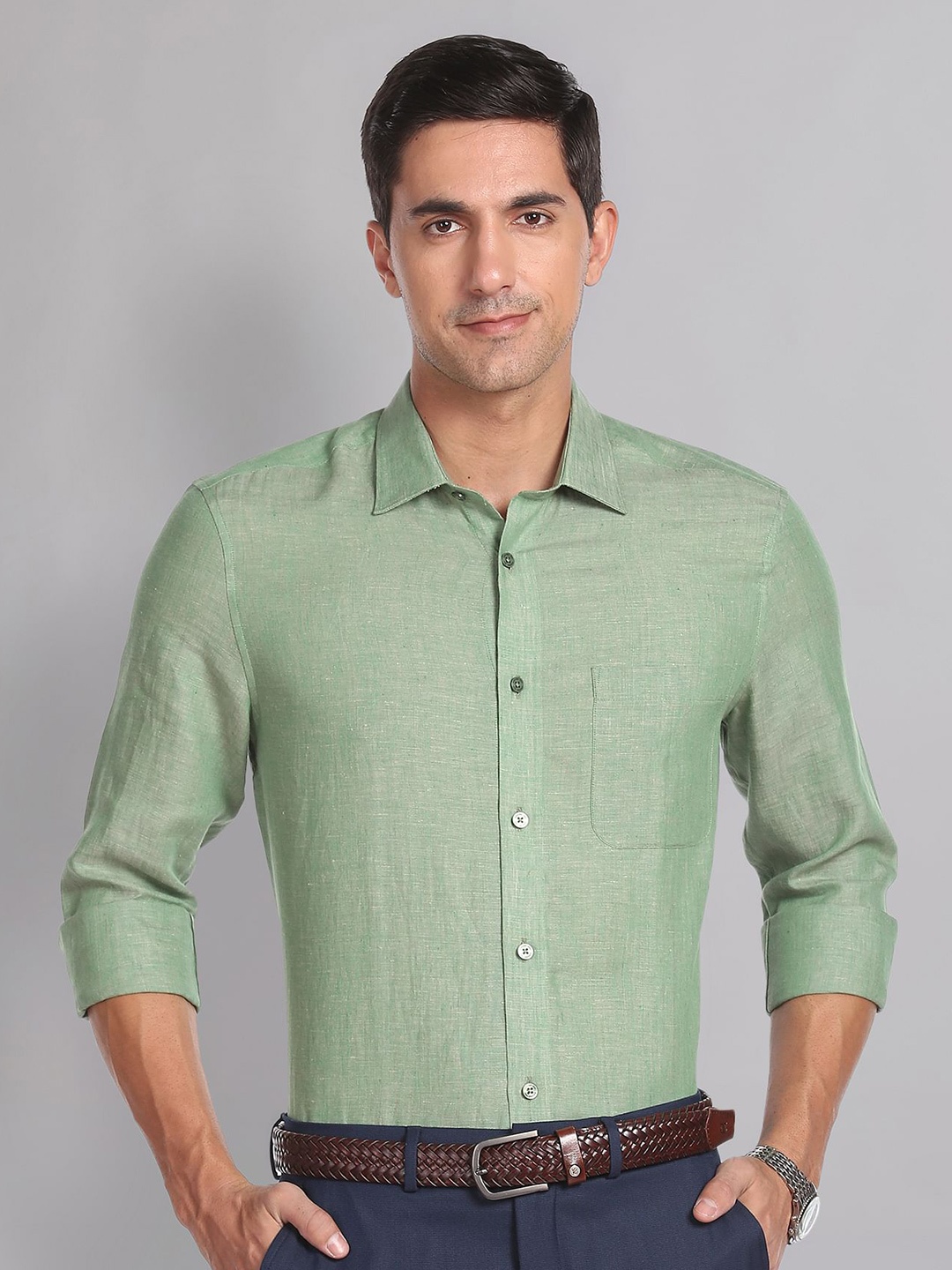 

AD By Arvind Spread Collar Linen Formal Shirt, Green