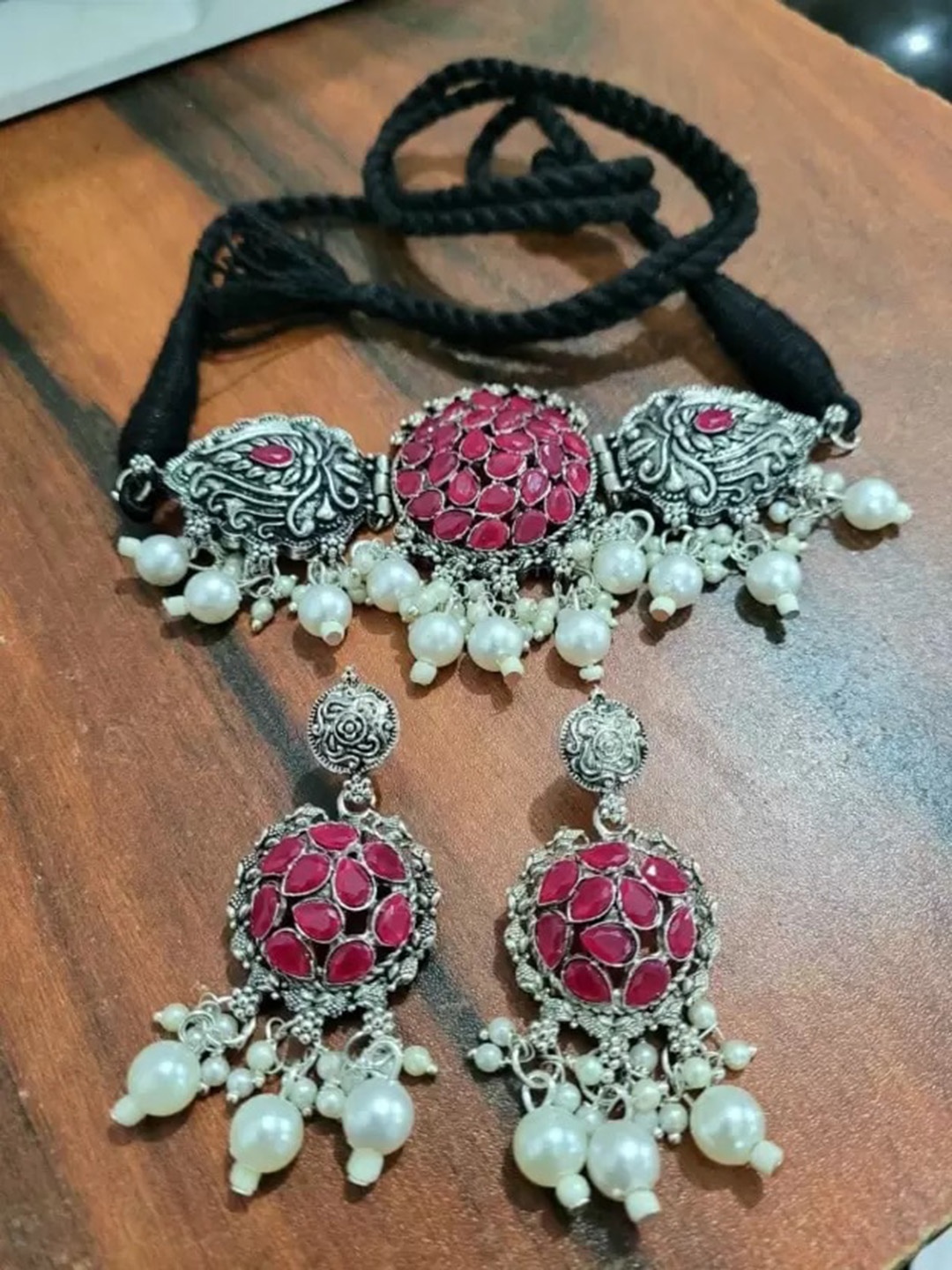 

Samridhi DC Set of 2 Silver-Plated Stoned-Studded & Beaded Oxidised Jewellery Set