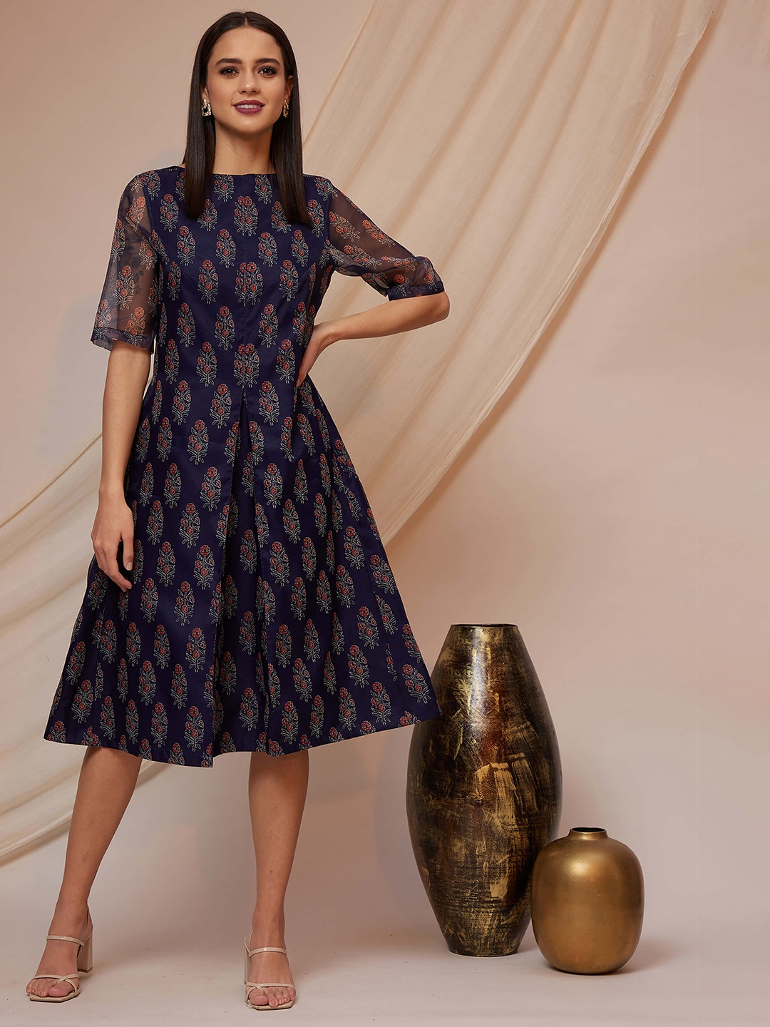 

SALT ATTIRE Boat Neck Ethnic Motifs Print A-Line Midi Dress, Navy blue