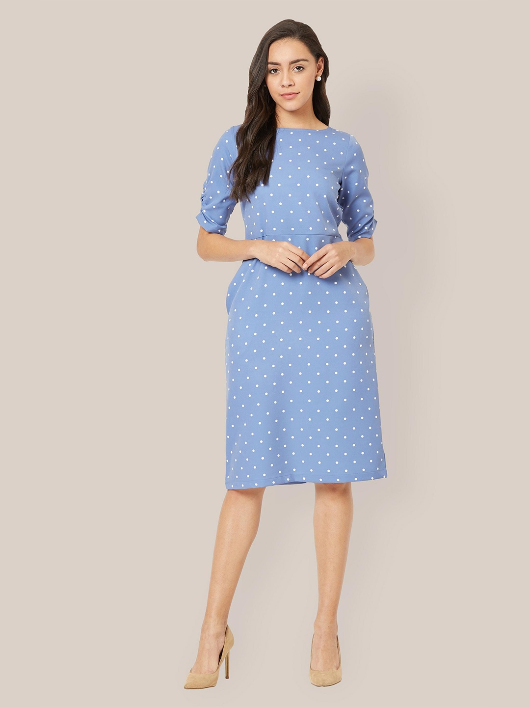 

SALT ATTIRE Polka Dot Printed Roll-Up Sleeves A-Line Dress, Blue