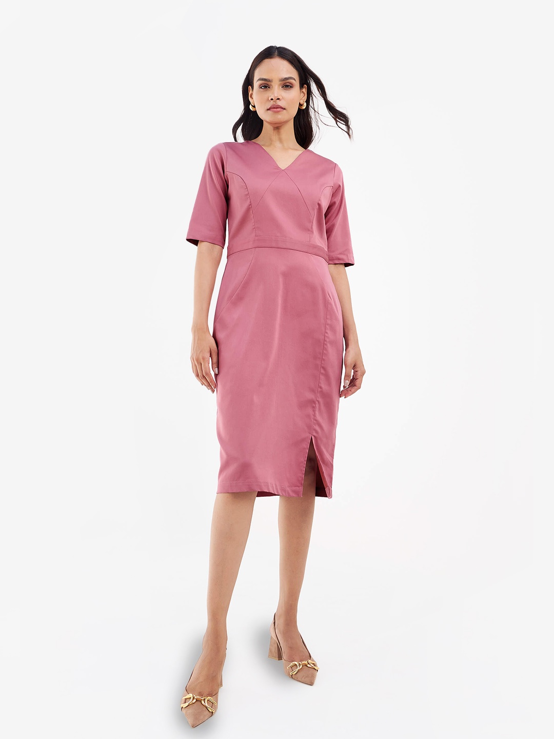 

SALT ATTIRE V-Neck Front Slit Sheath Dress, Pink