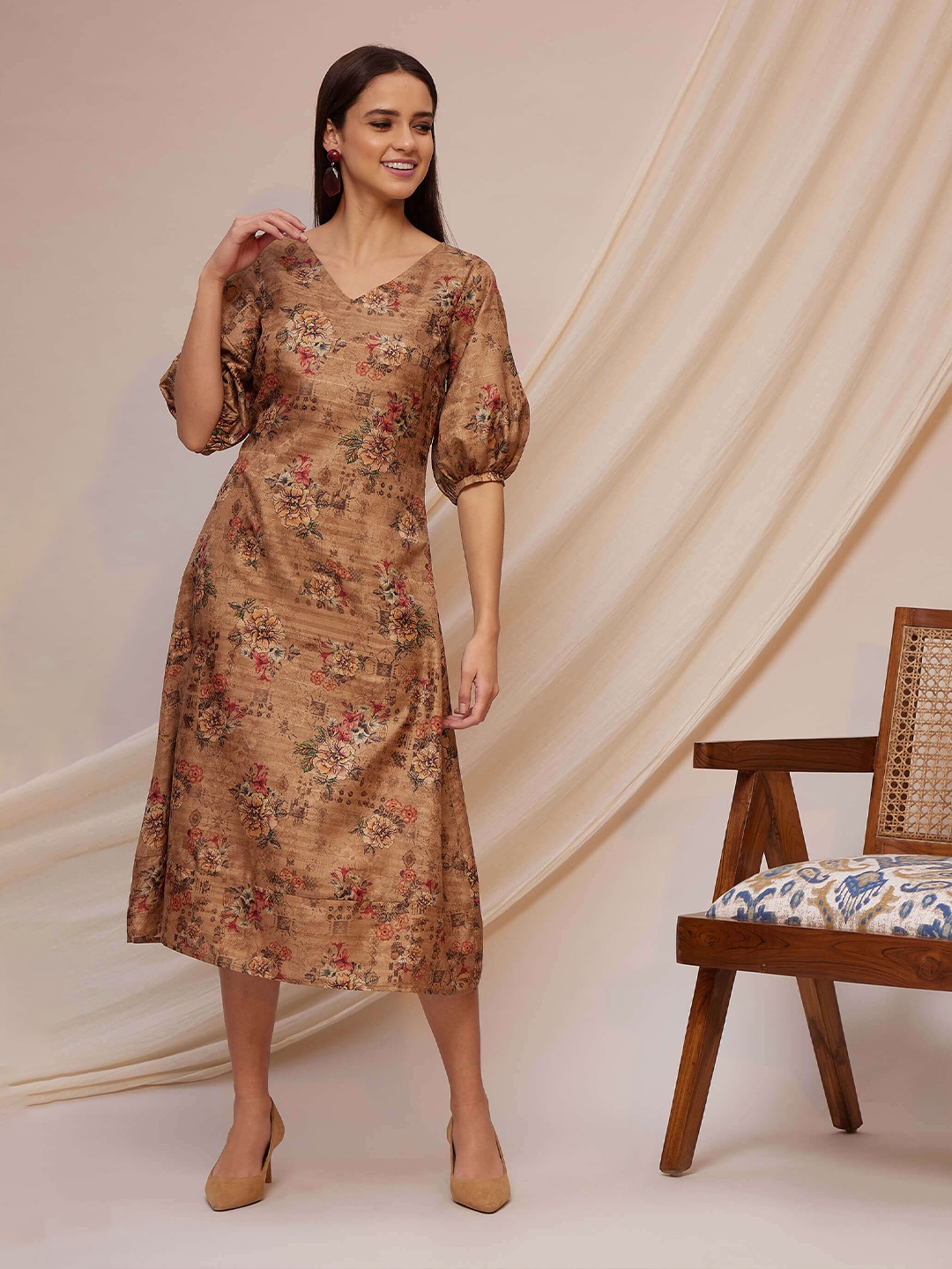 

SALT ATTIRE Floral Printed V-Neck A-Line Dress, Brown