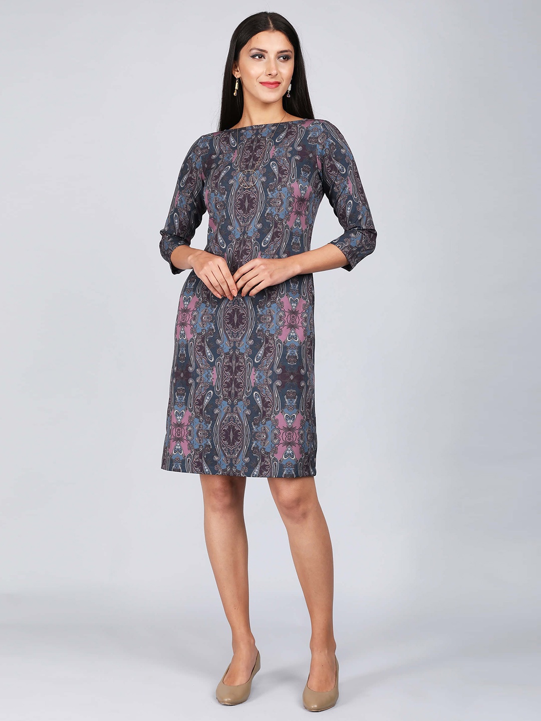 

SALT ATTIRE Ethnic Motifs Printed A-Line Dress, Grey