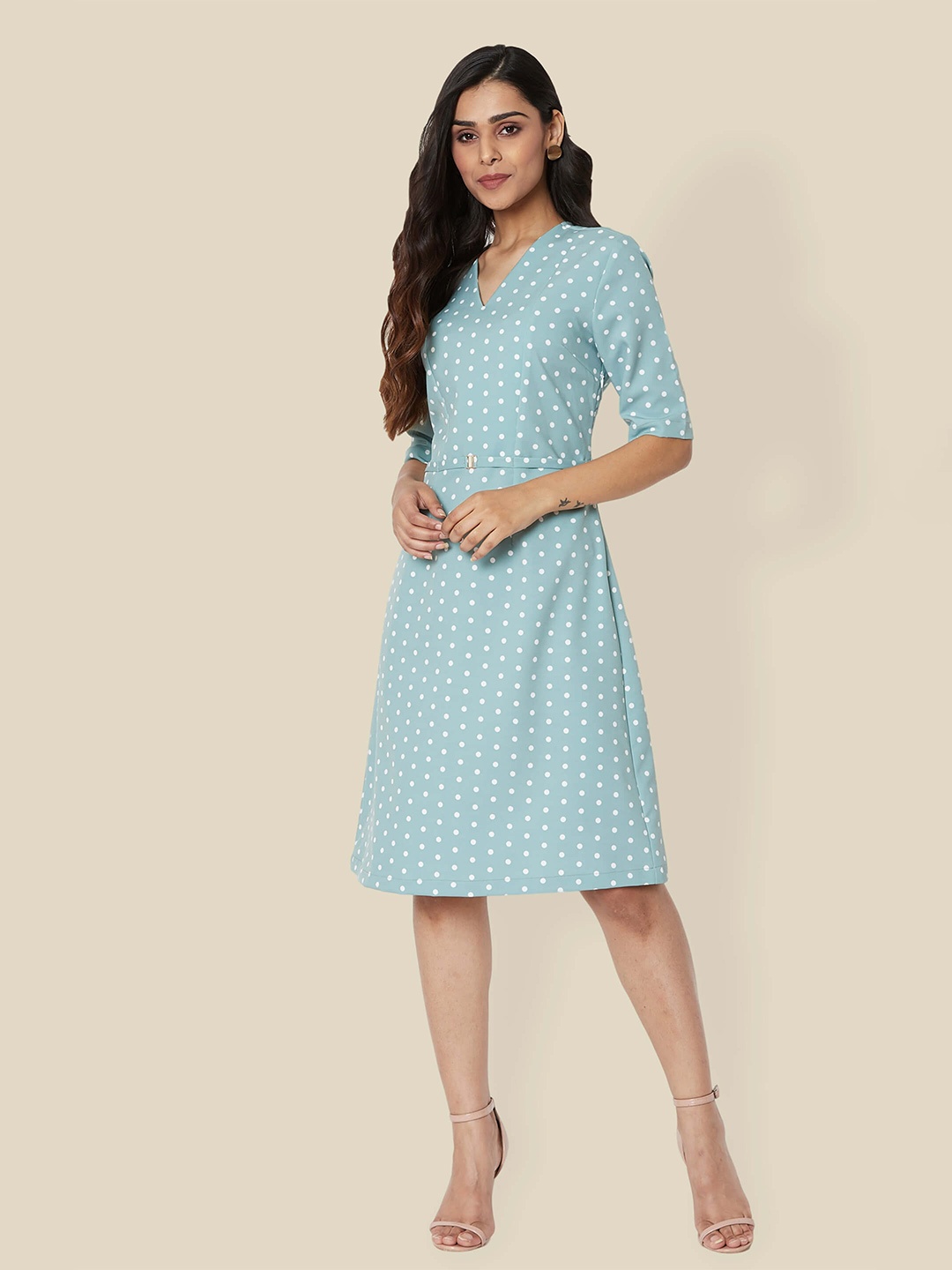 

SALT ATTIRE Polka Dot Printed V Neck A-Line Dress, Green