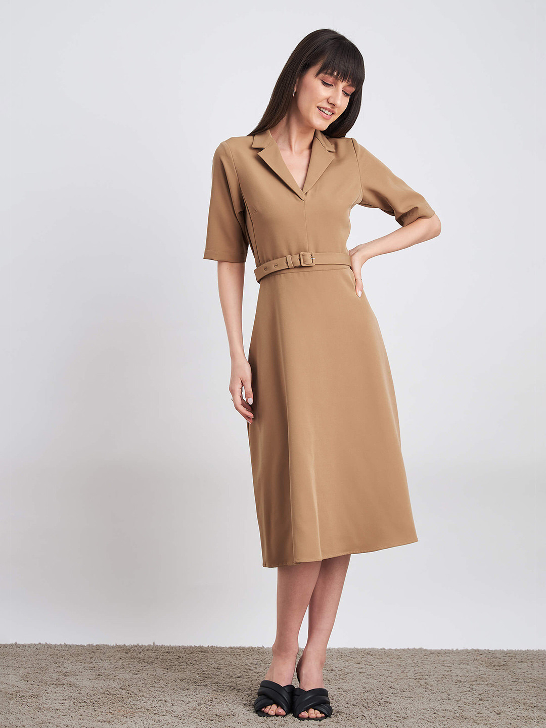 

SALT ATTIRE Shirt Collar A-Line Dress With Belt, Beige