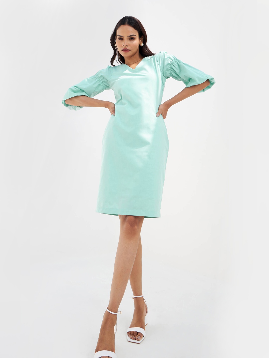 

SALT ATTIRE V-Neck Puff Sleeves Sheath Dress, Sea green