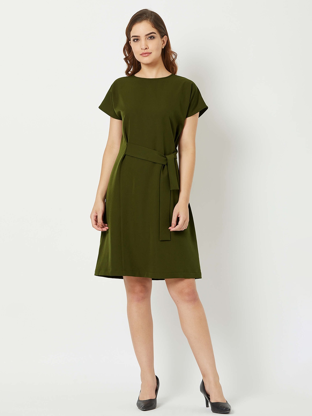 

SALT ATTIRE Round Neck Extended Sleeves A-Line Dress, Olive