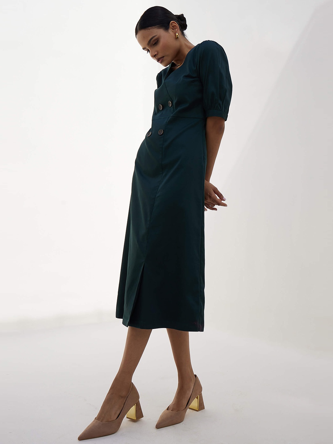 

SALT ATTIRE V-Neck Cotton A-Line Dress, Green