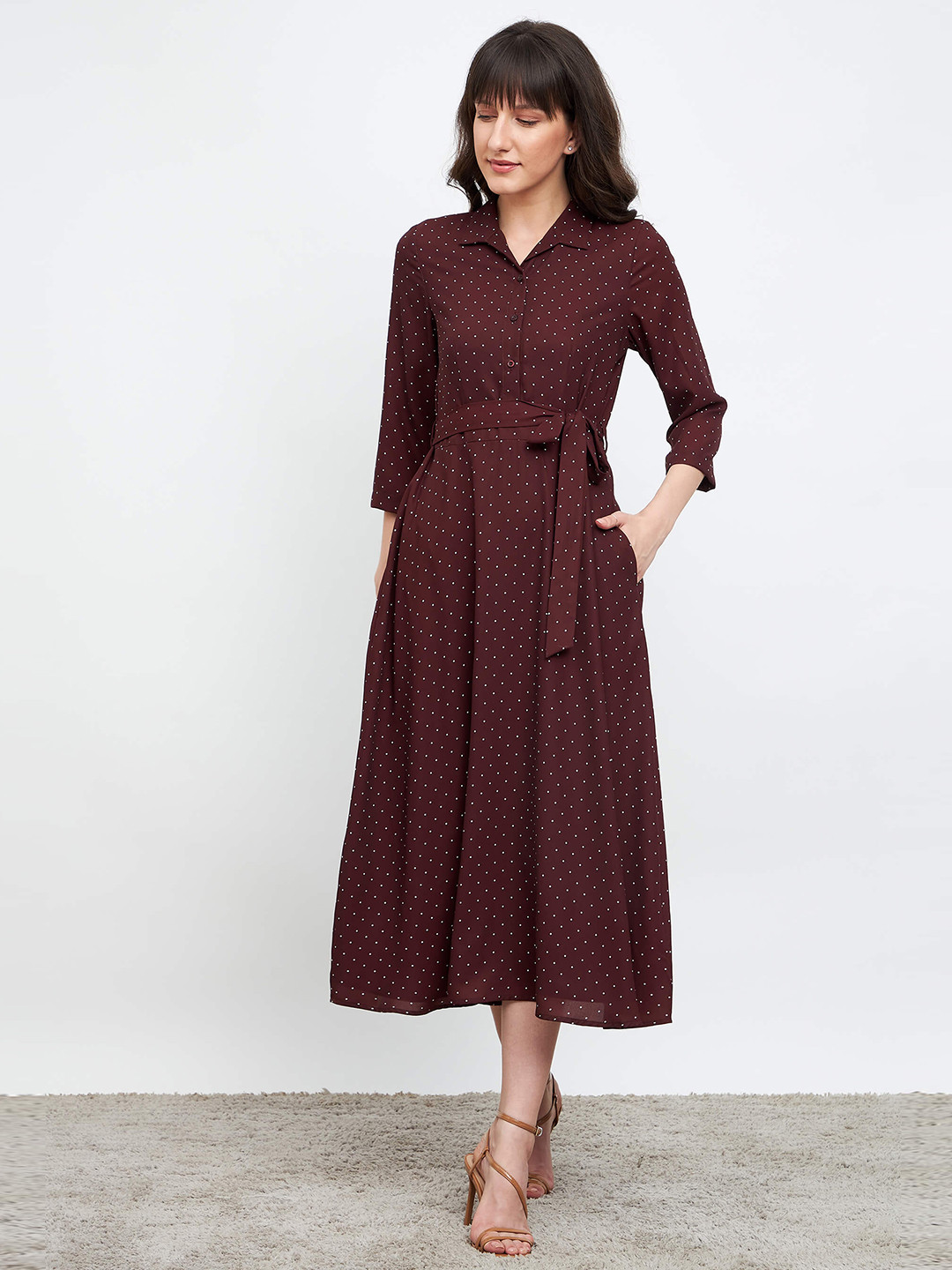 

SALT ATTIRE Polka Dots Printed Midi A-Line Dress With Belt, Brown