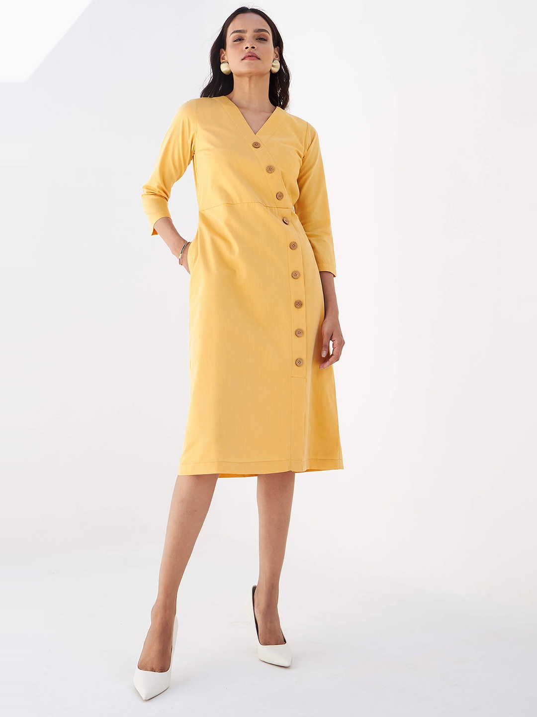 

SALT ATTIRE V-Neck Tie Up Cotton Shirt Style Dress, Yellow