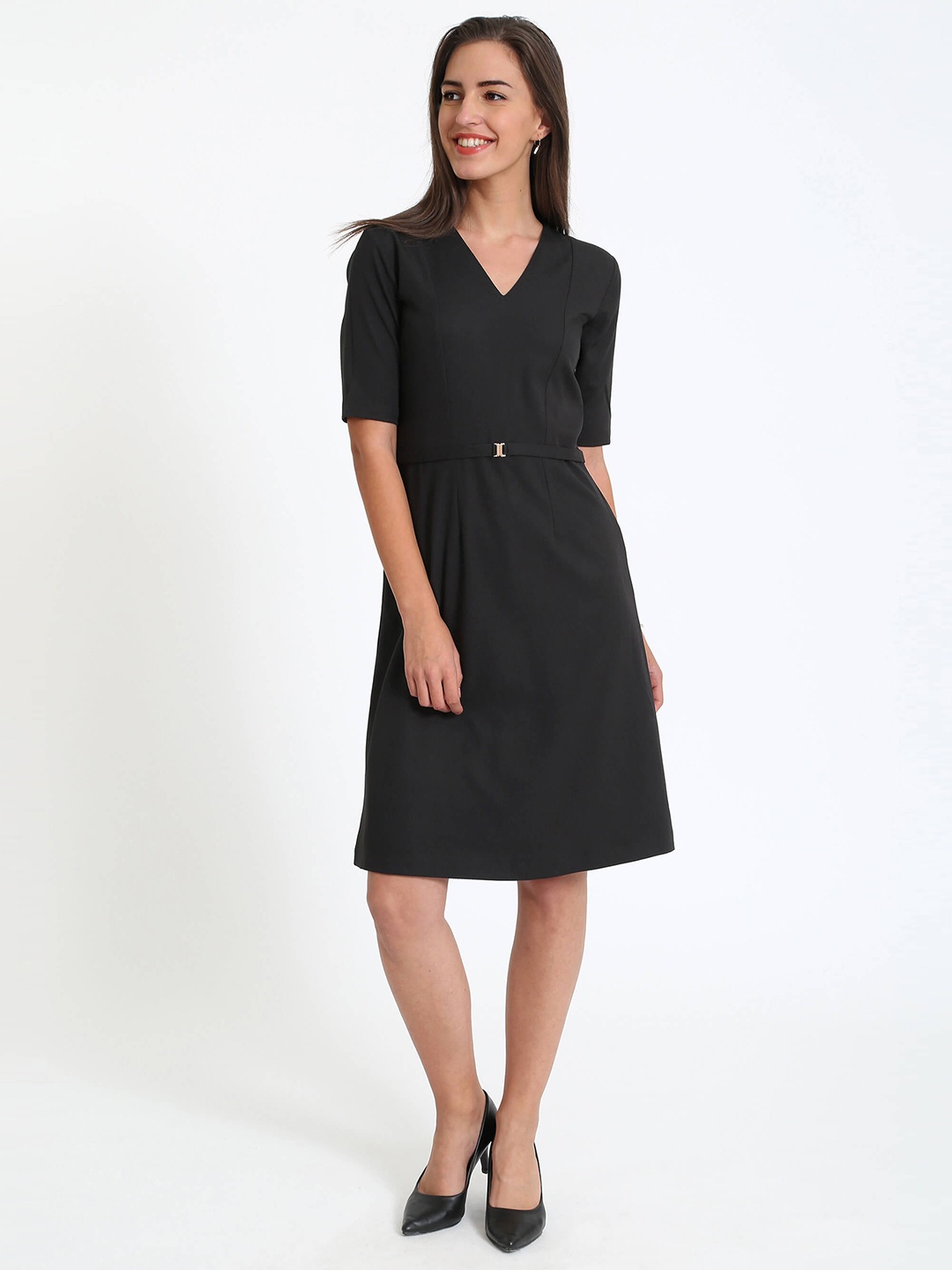 

SALT ATTIRE V-Neck Belted A-Line Dress, Black