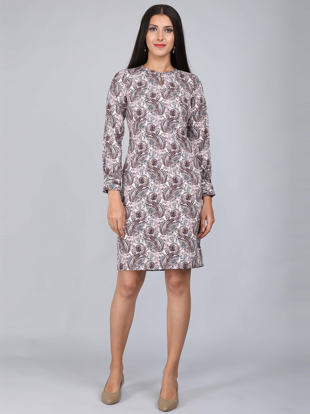 

SALT ATTIRE Ethnic Motifs Printed Puff Sleeve A-line Dress, Grey