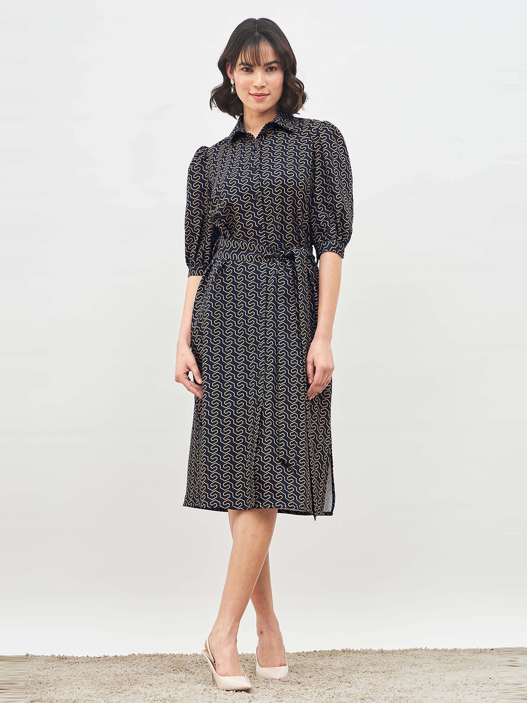 

SALT ATTIRE Geometric Printed Shirt Dress With Belt, Navy blue