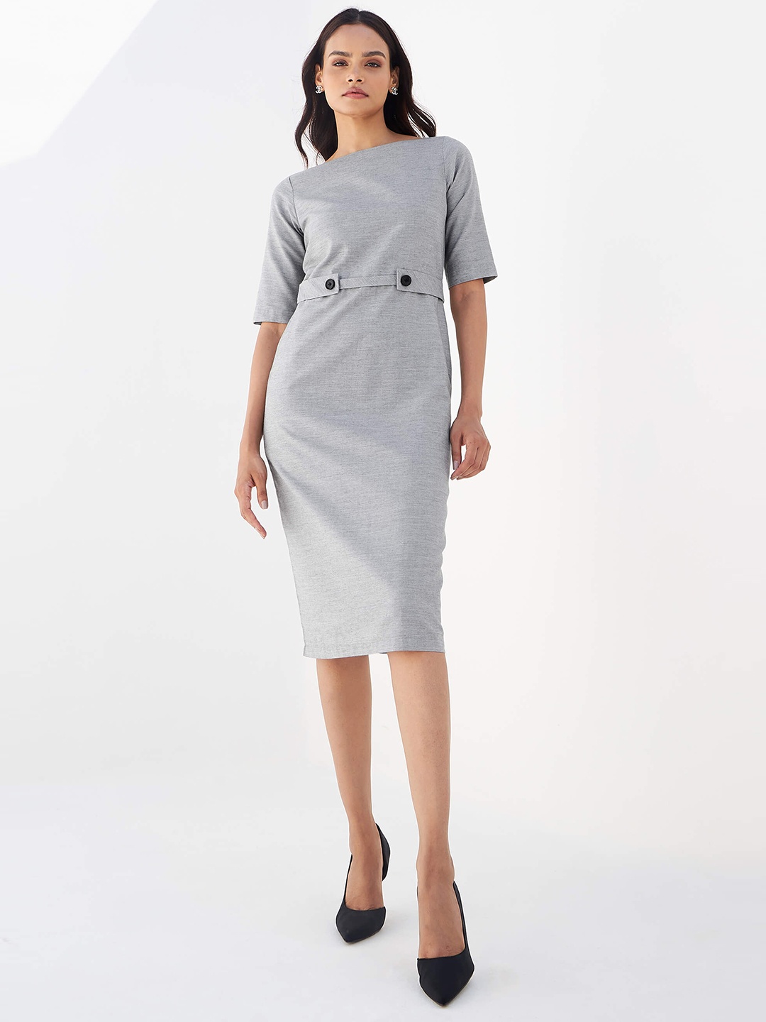 

SALT ATTIRE Round Neck Cotton Sheath Dress With Belt, Grey