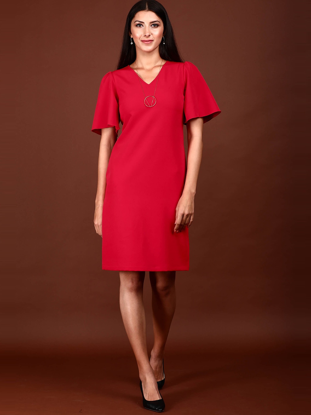 

SALT ATTIRE V-Neck Flared Sleeve Sheath Dress, Red