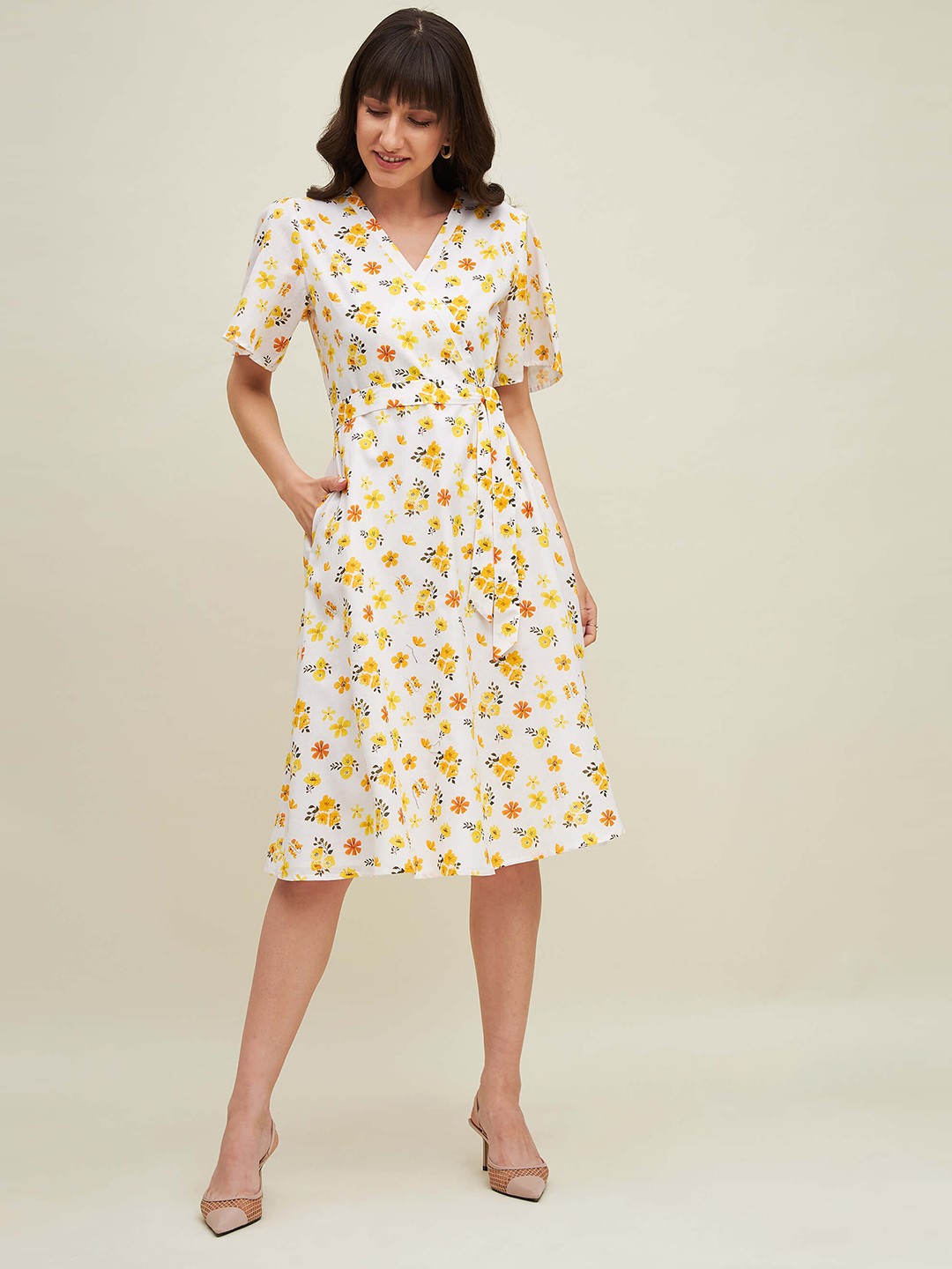 

SALT ATTIRE V-Neck Floral Print Flared Sleeve Fit & Flare Dress, Off white