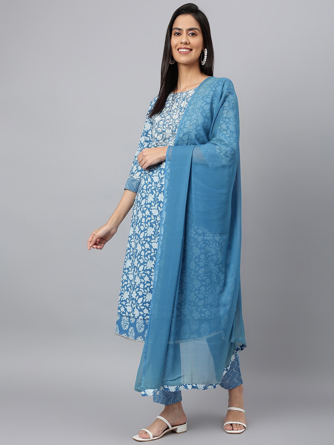 

KALINI Ethnic Motifs Printed Sequinned Pure Cotton A-Line Kurta With Trousers & Dupatta, Blue