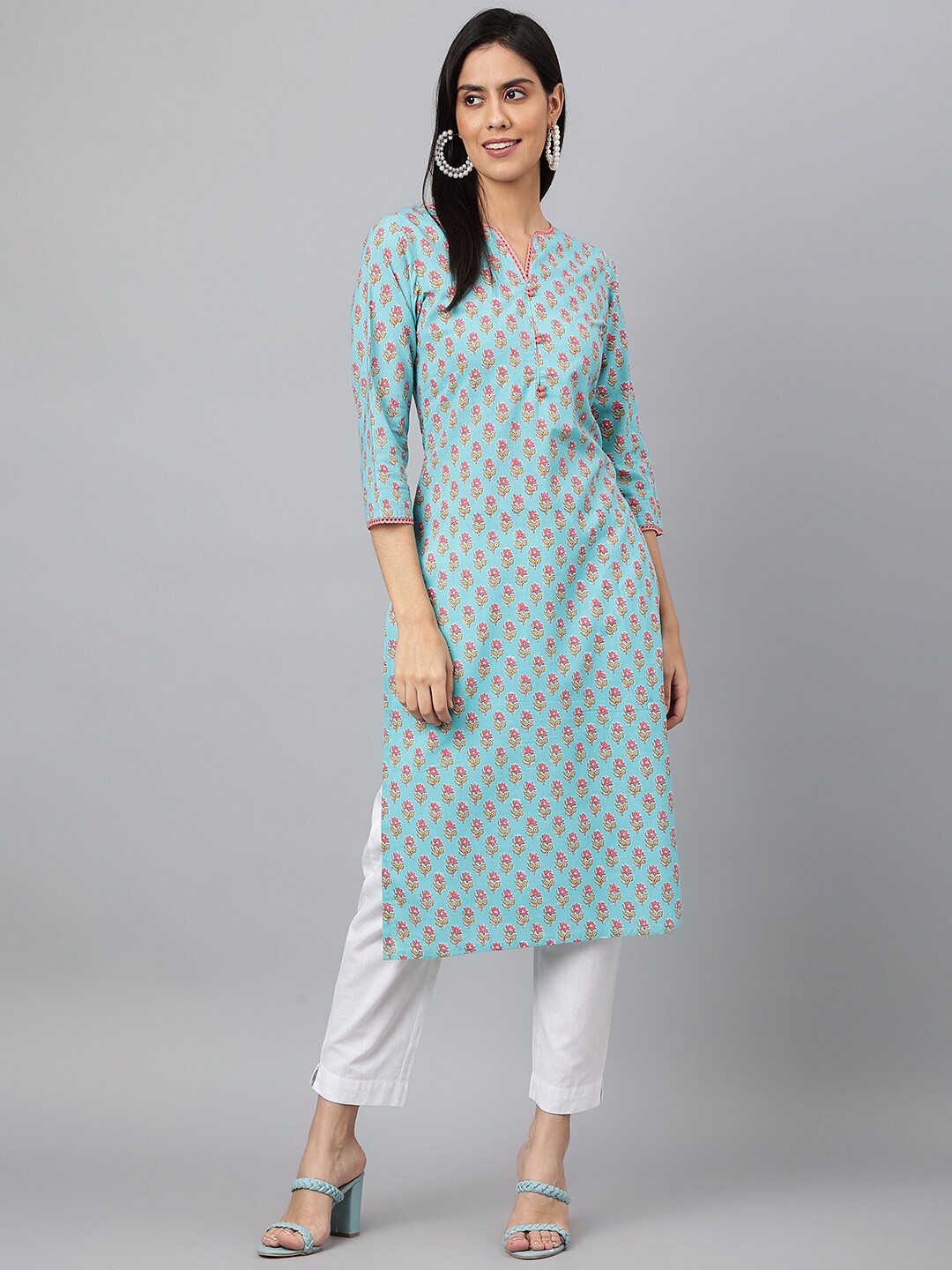 

KALINI Floral Printed Pure Cotton Kurta, Blue