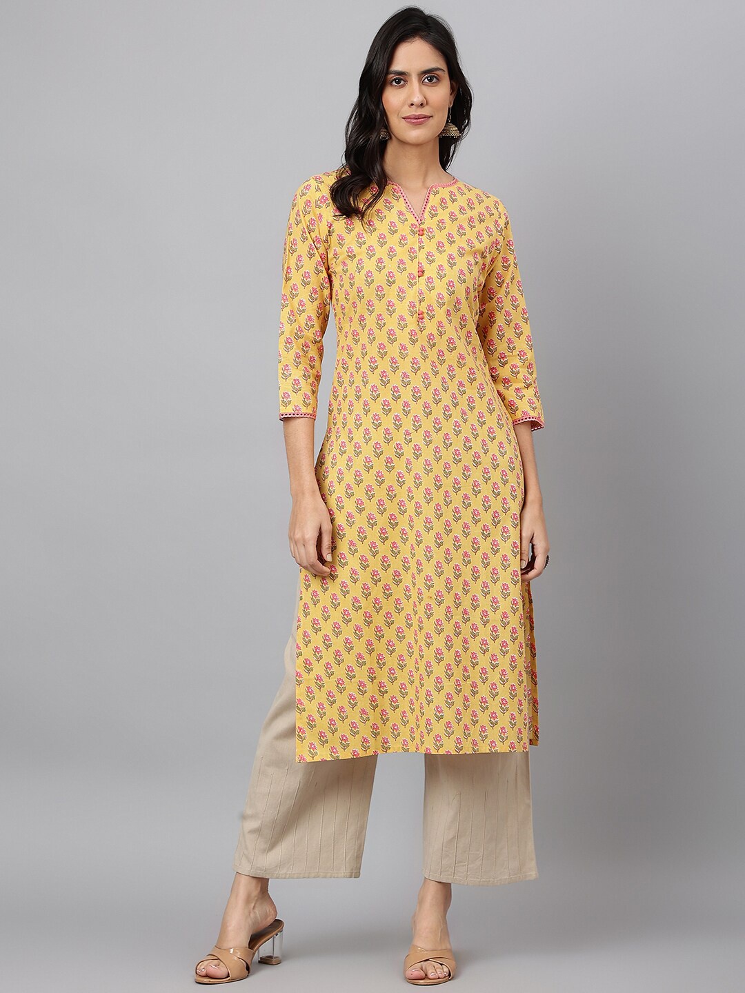 

KALINI Floral Printed Notch Neck Pure Cotton Straight Kurta, Yellow