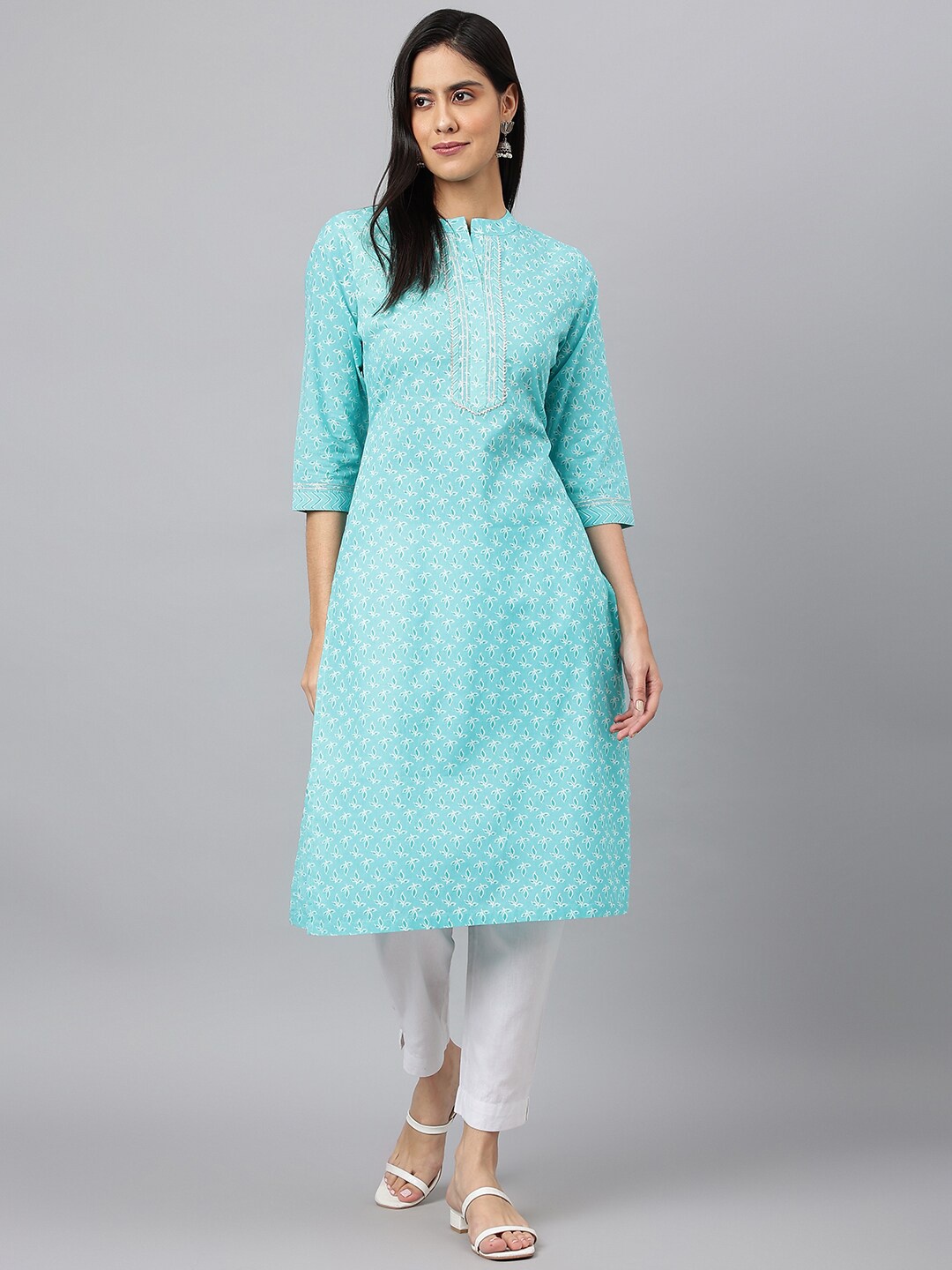

KALINI Blue Floral Printed Gotta Patti Cotton Floral Kurta
