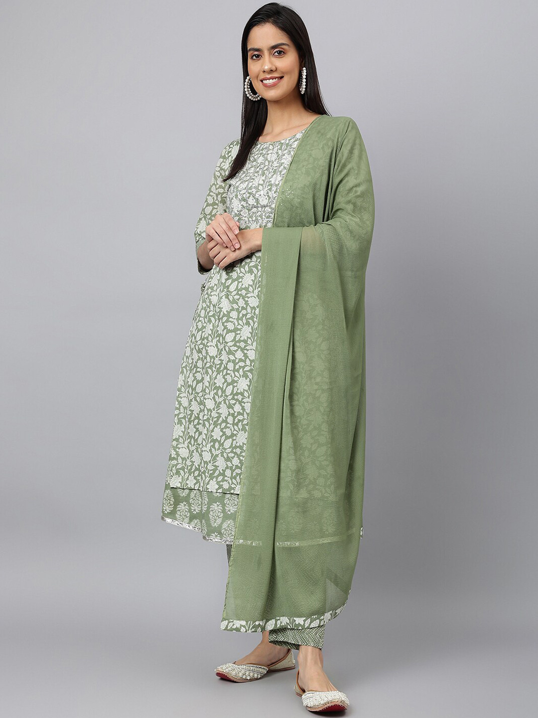 

KALINI Floral Printed Sequinned Pure Cotton A-Line Kurta With Trousers & Dupatta, Green