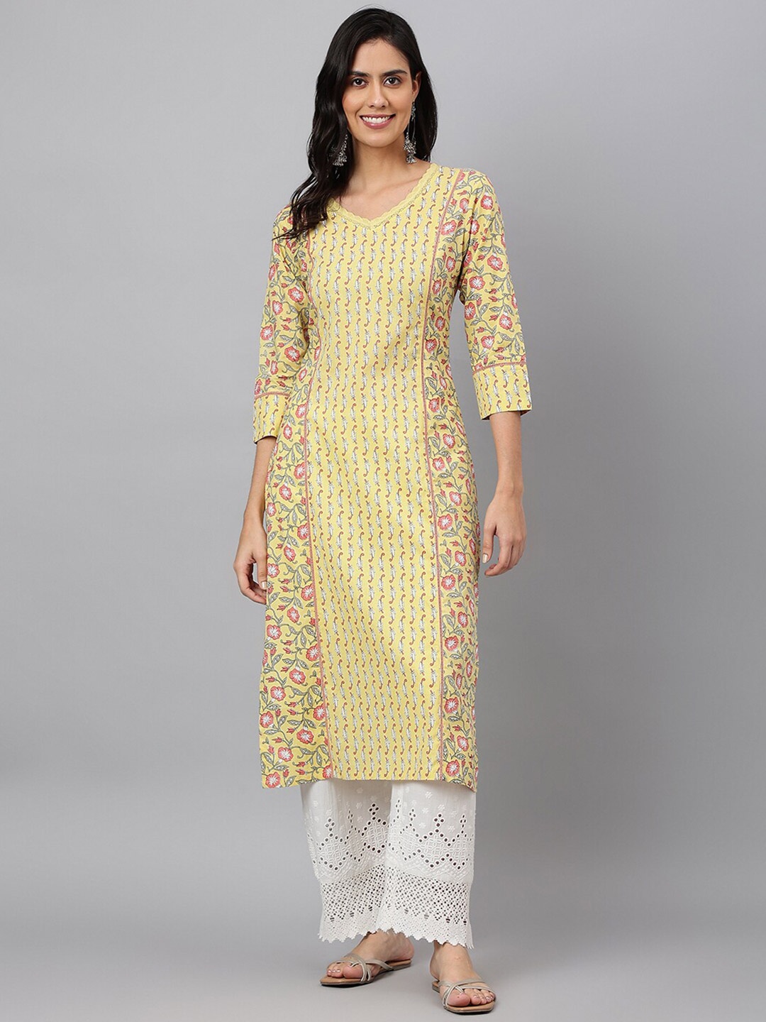 

KALINI Floral Printed V-Neck Pure Cotton Kurta, Yellow