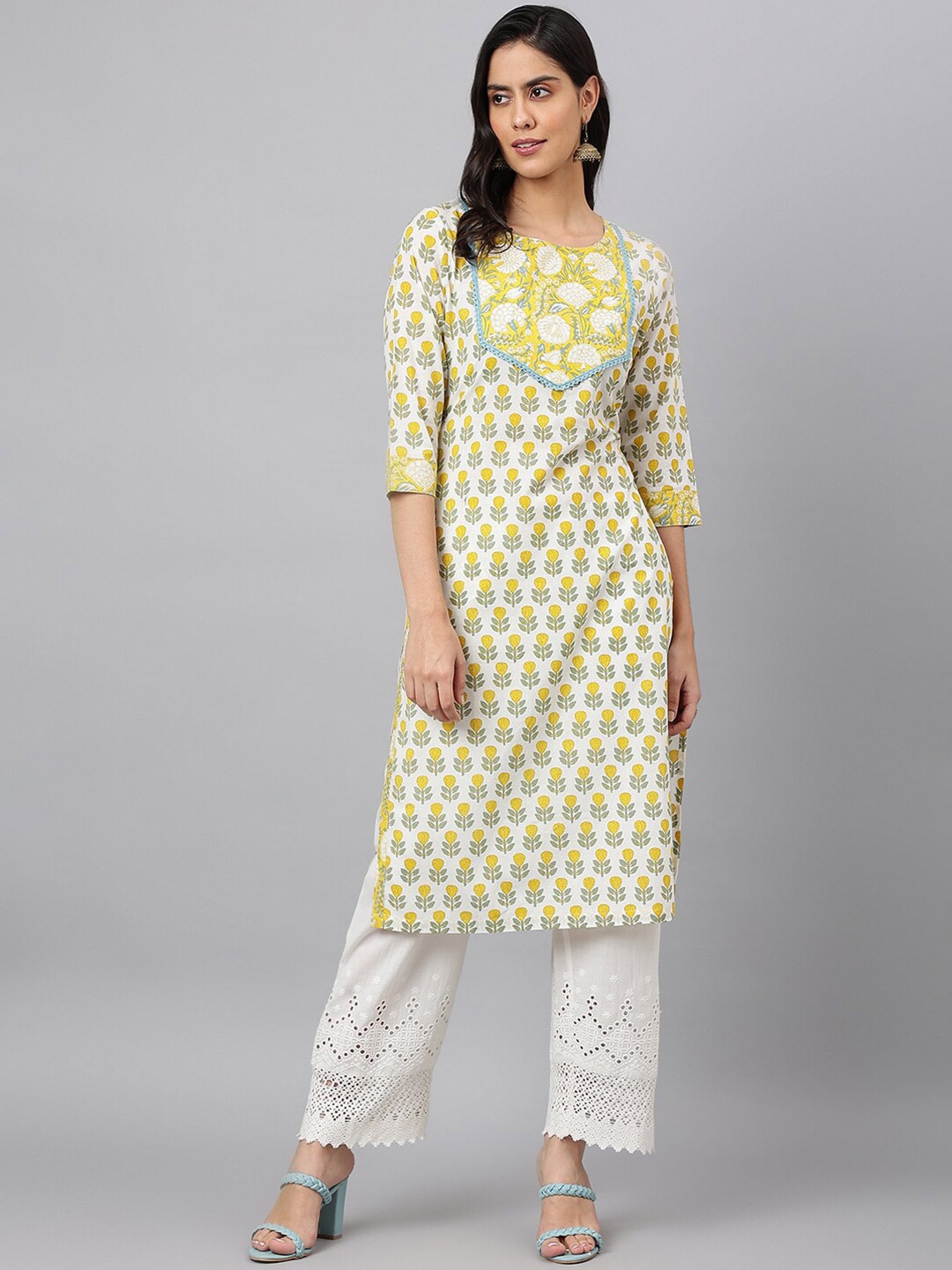 

KALINI Lace Floral Printed Straight Cotton Kurta, White