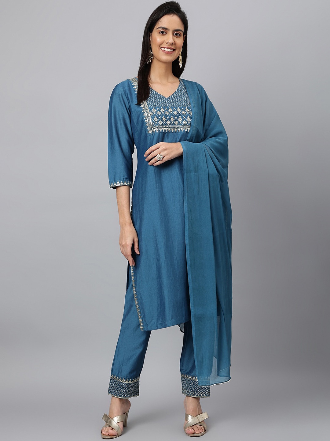 

KALINI Floral Yoke Design Zari Kurta with Trousers & With Dupatta, Teal