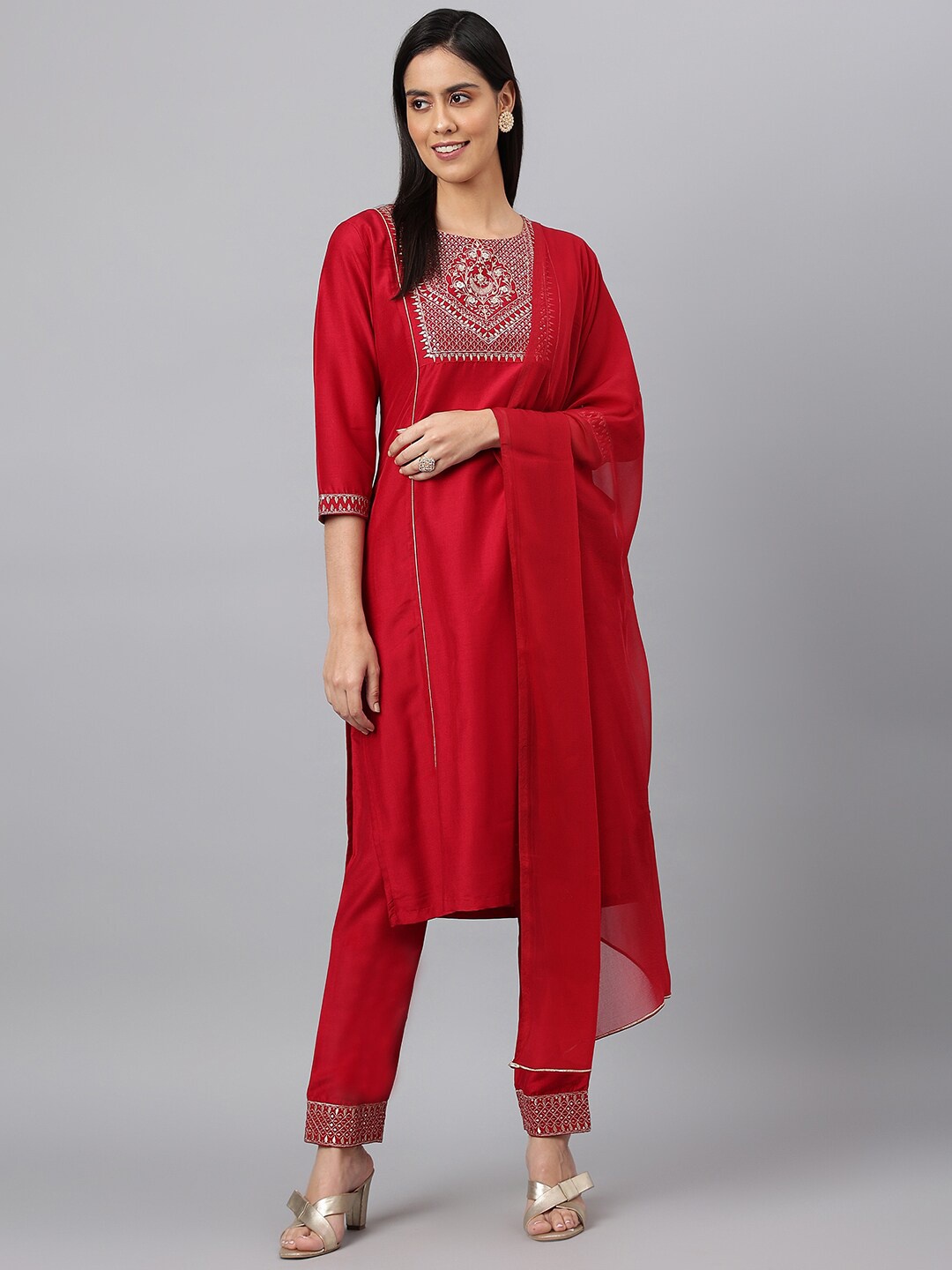 

KALINI Floral Yoke Design Zari Kurta with Trousers & With Dupatta, Rose