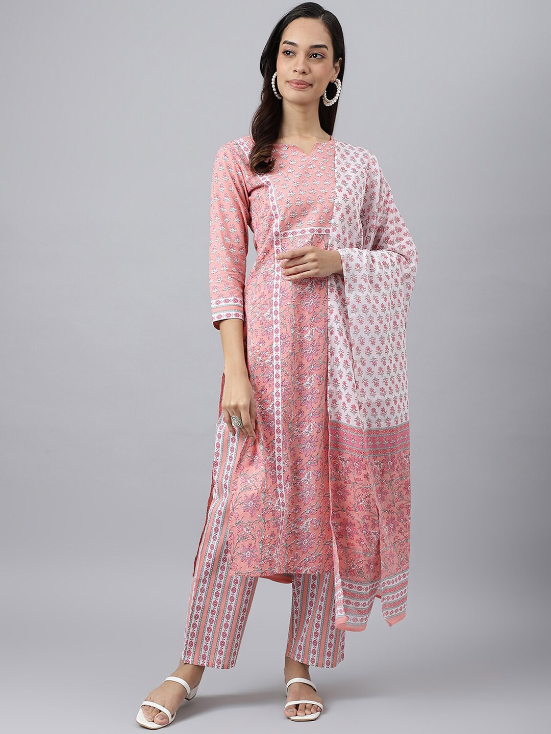 

KALINI Floral Printed Pure Cotton Kurta with Trousers & With Dupatta, Pink