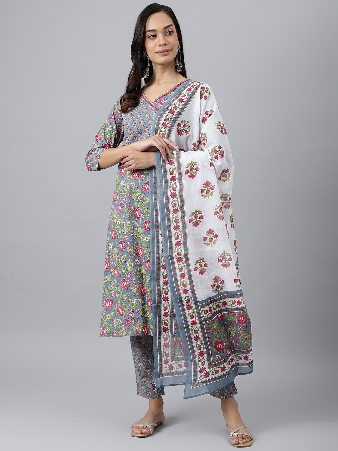 

KALINI Floral Printed Angrakha Pure Cotton Kurta with Trousers & With Dupatta, Grey