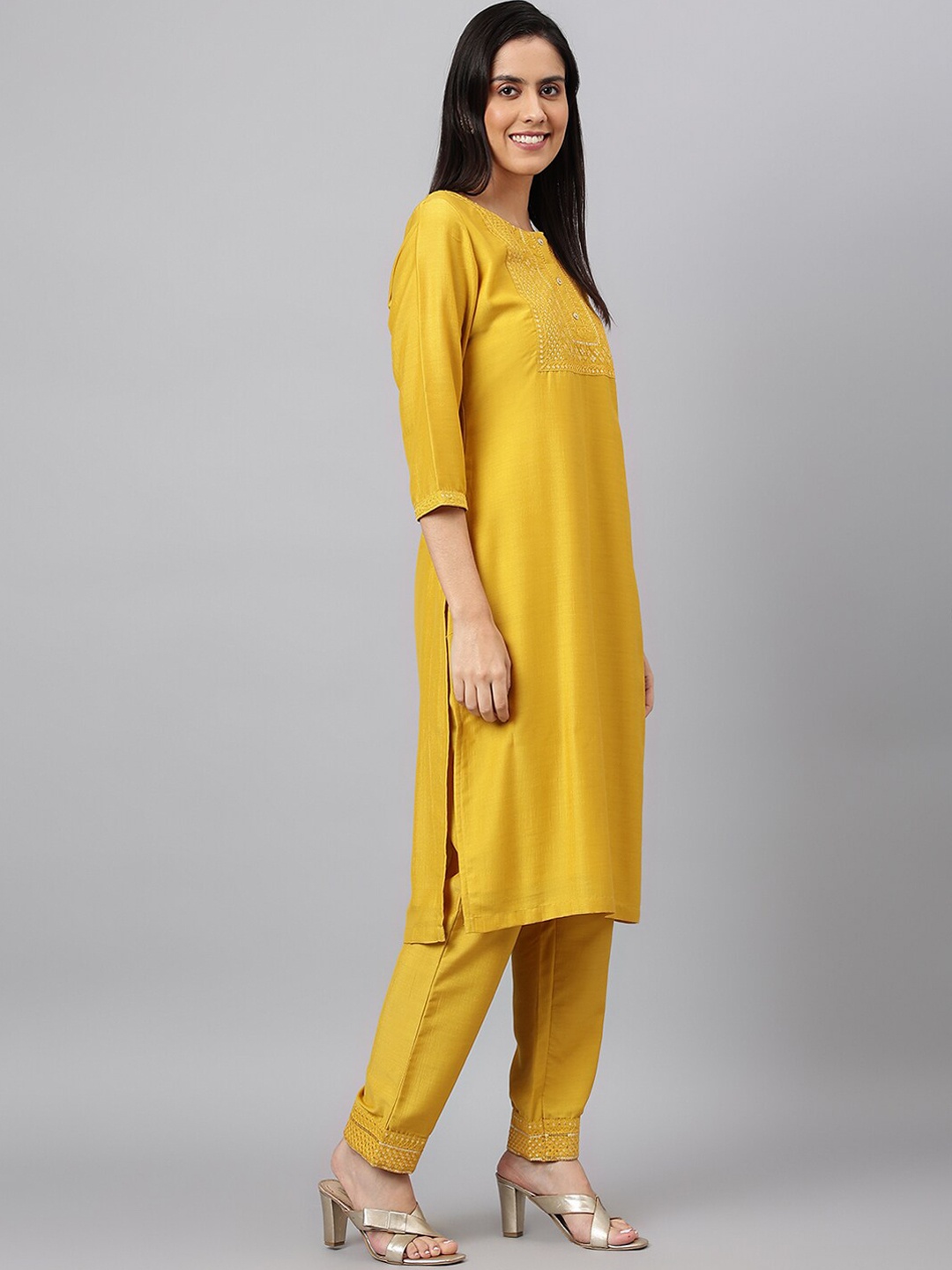 

KALINI Floral Yoke Design Sequinned Kurta with Trousers & With Dupatta, Yellow