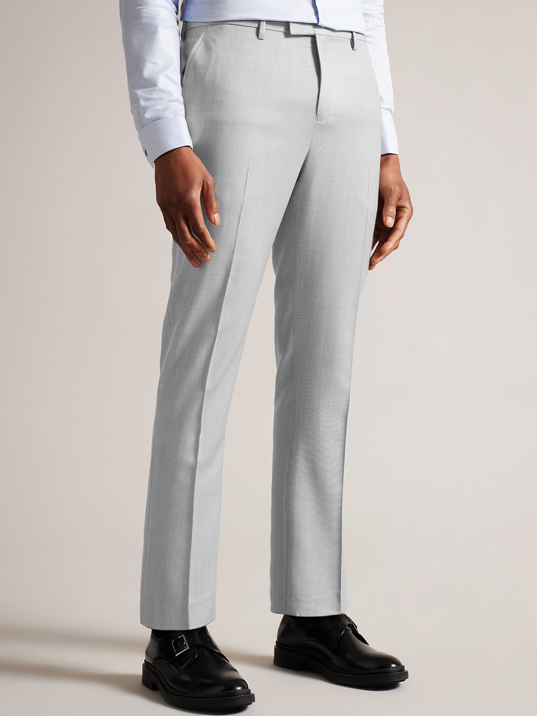 

Ted Baker Men Self Design Mid-Rise Slim Fit Wool Formal Trousers, Grey