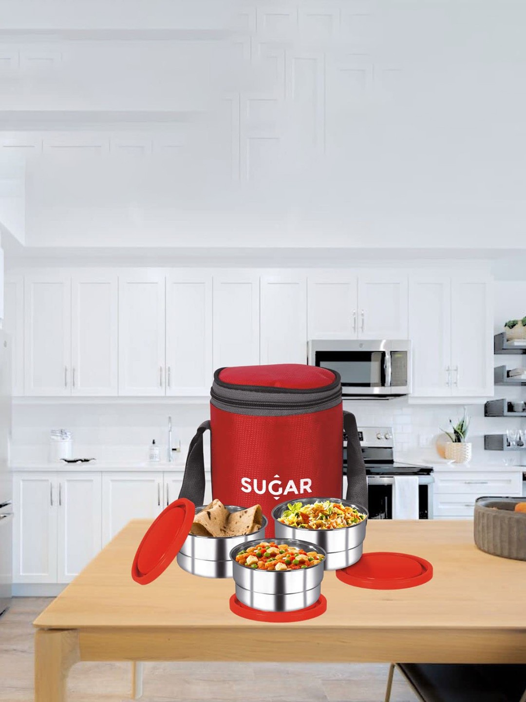 

SUGAR Cilindro Red Stainless Steel Leak Proof 3 Containers With Lids & Bag