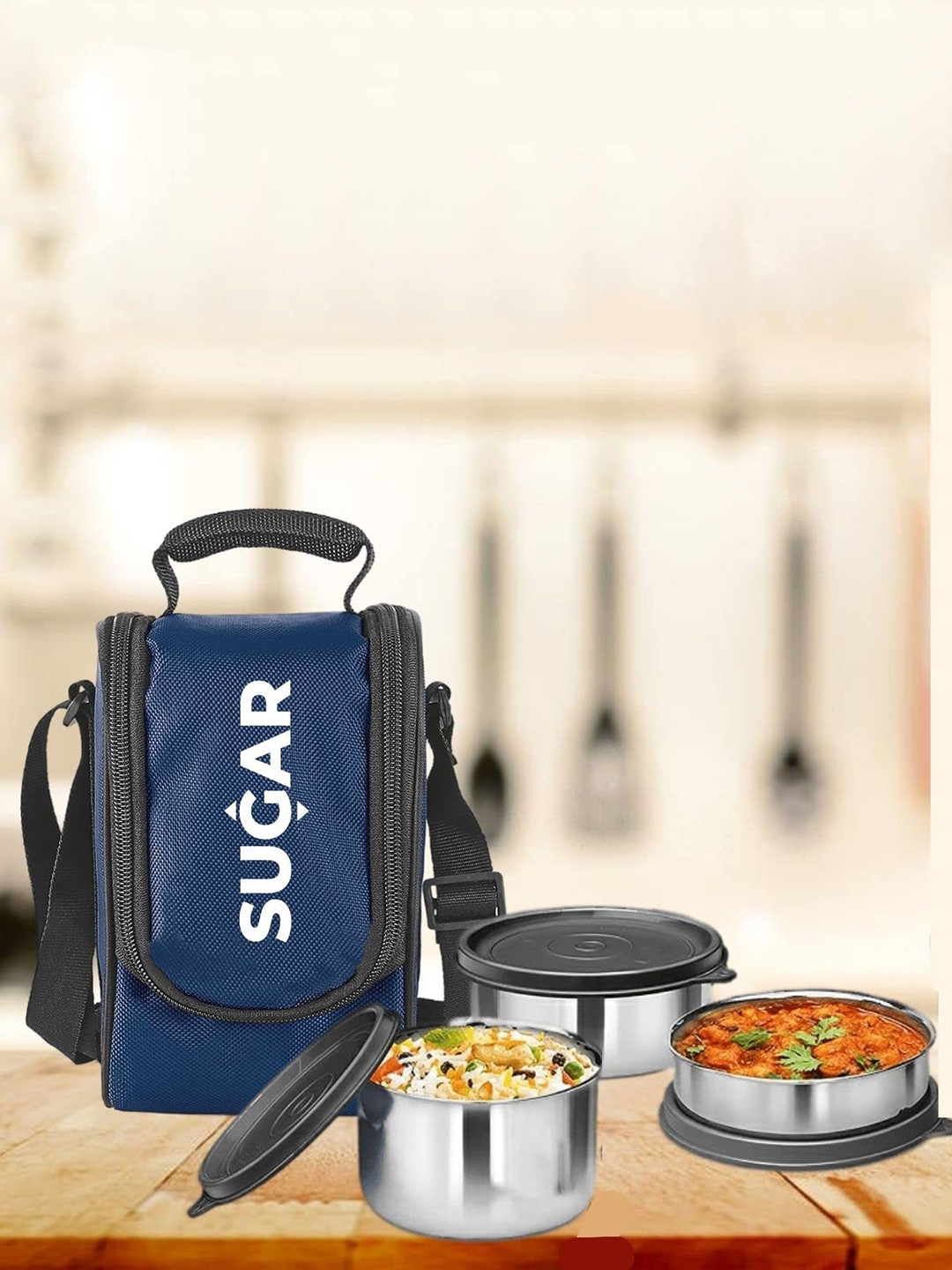 

SUGAR Xylo Blue Stainless Steel Leak-Proof 3 Containers With Lid & With Bag