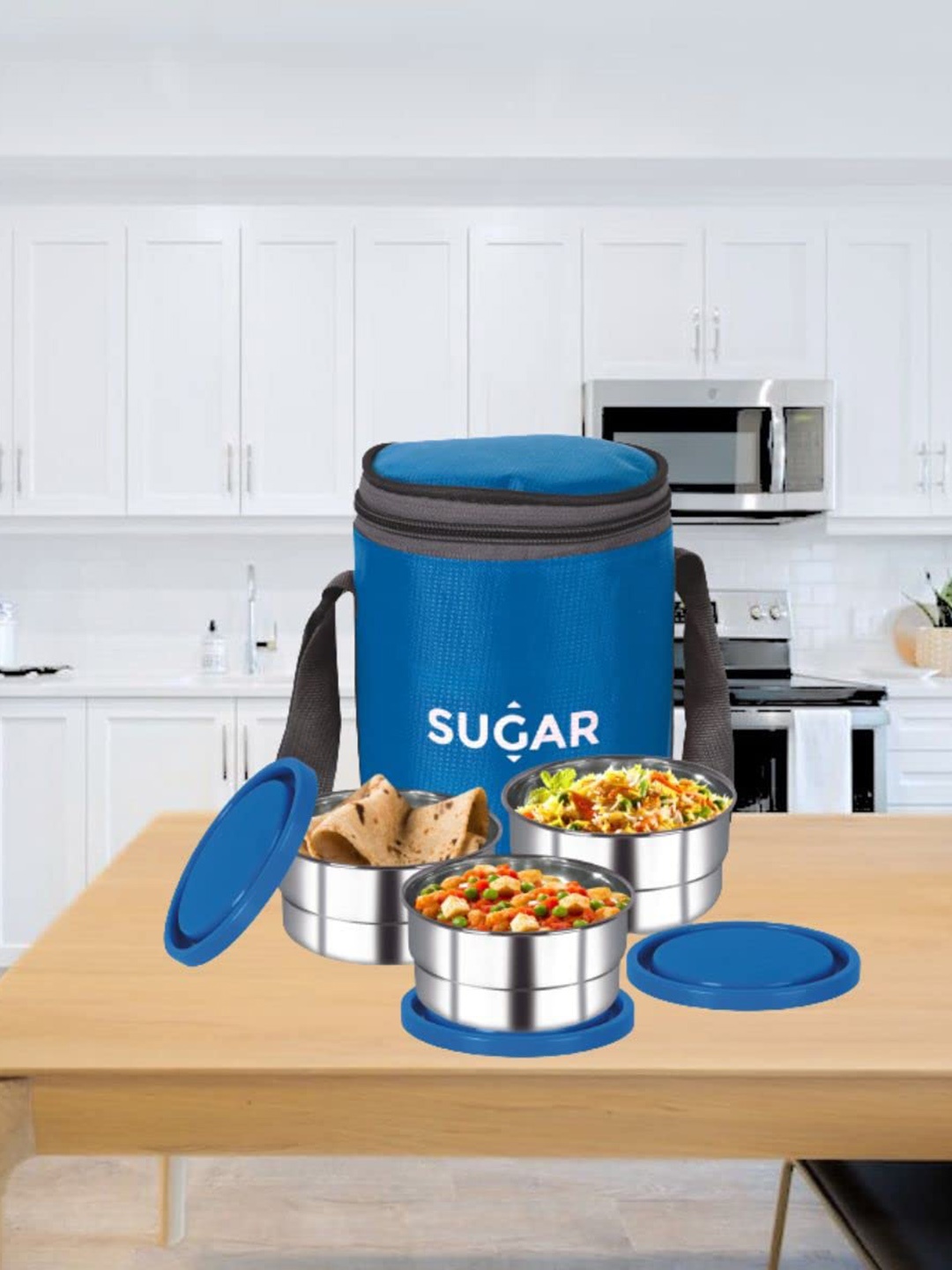 

SUGAR Cilindro Blue Stainless Steel Leak Proof 3 Containers With Lids & Bag