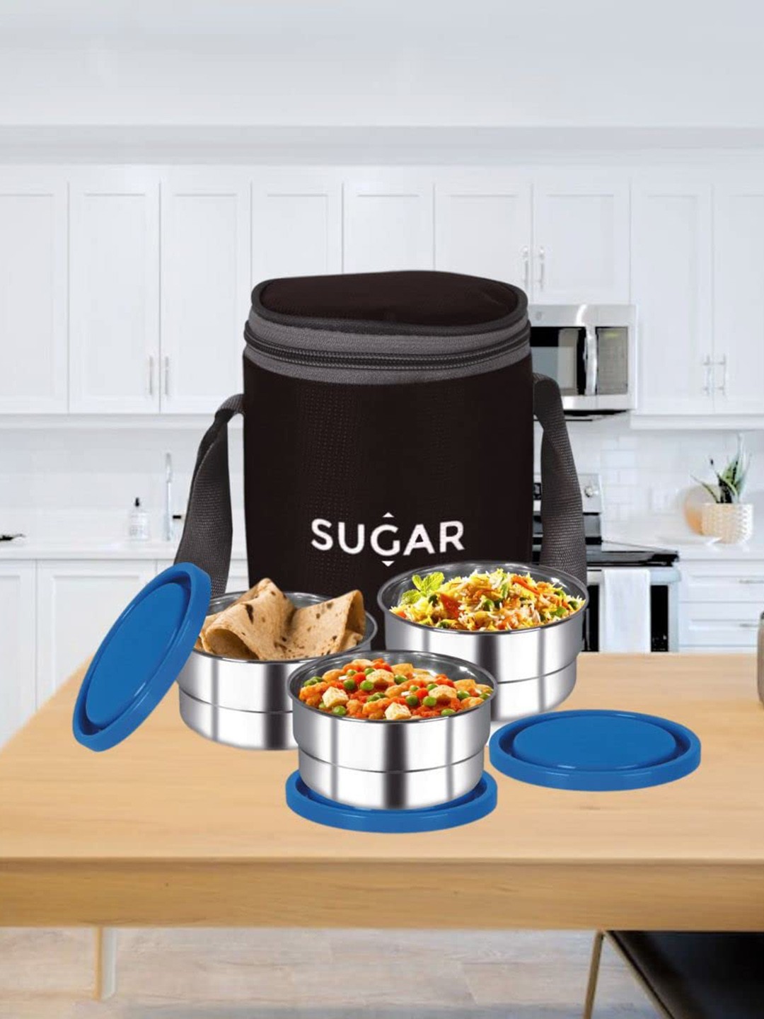 

SUGAR Cilindro Black Stainless Steel Leak Proof 3 Containers With Lids & Bag-300ml