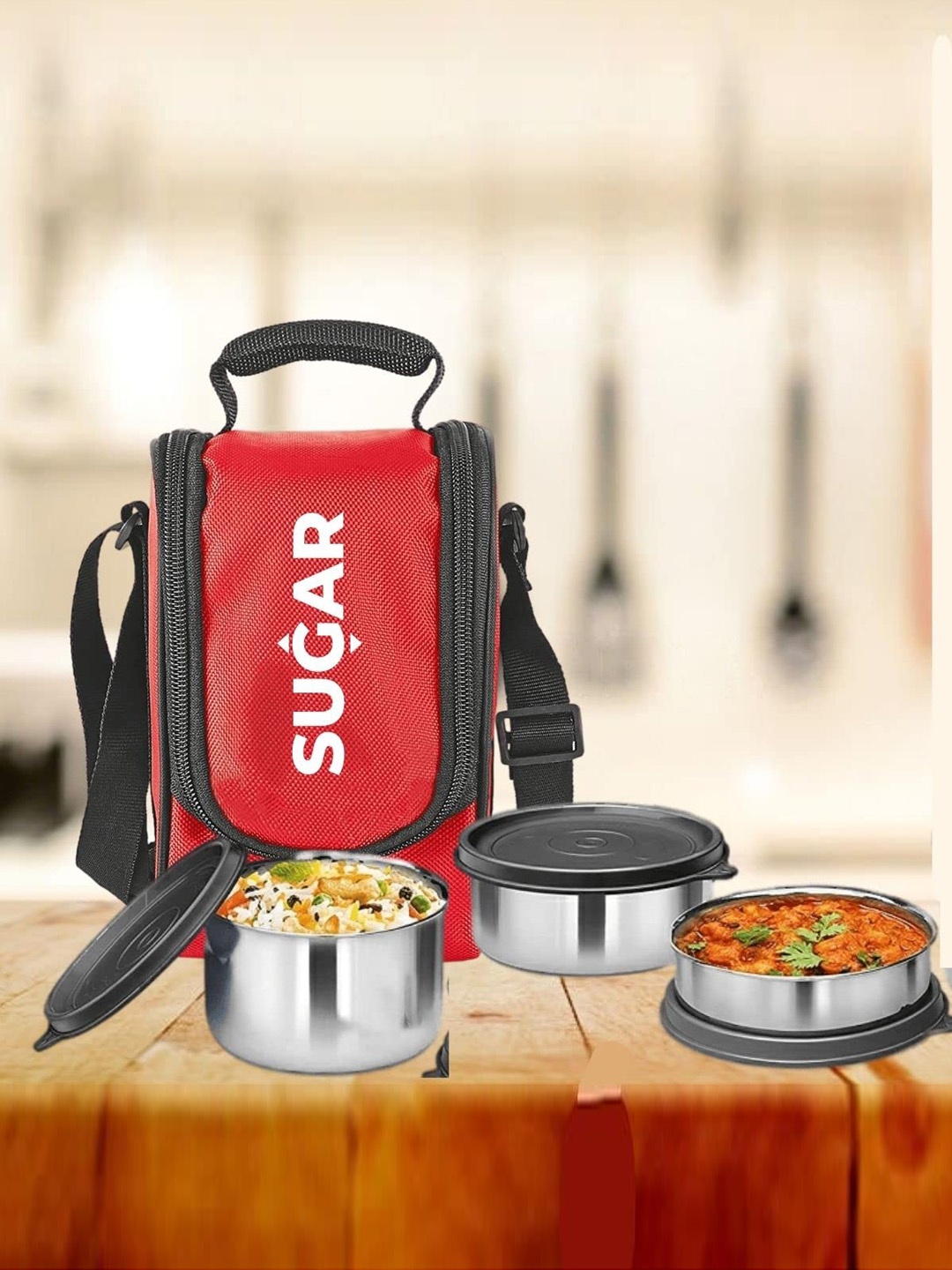 

SUGAR Xylo 3 Pcs Red & Black Stainless Steel Leak-Proof Containers With Lid & Bag