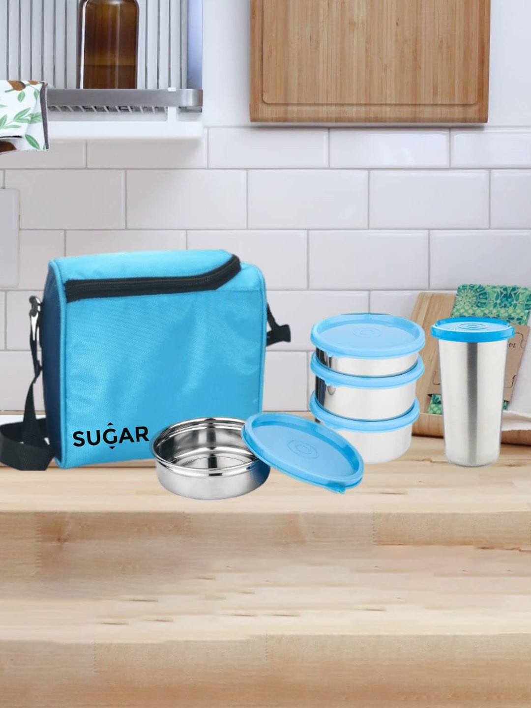 

SUGAR Duffle 5-Pcs Blue Stainless Steel Leak Proof Containers With Lids & Bag