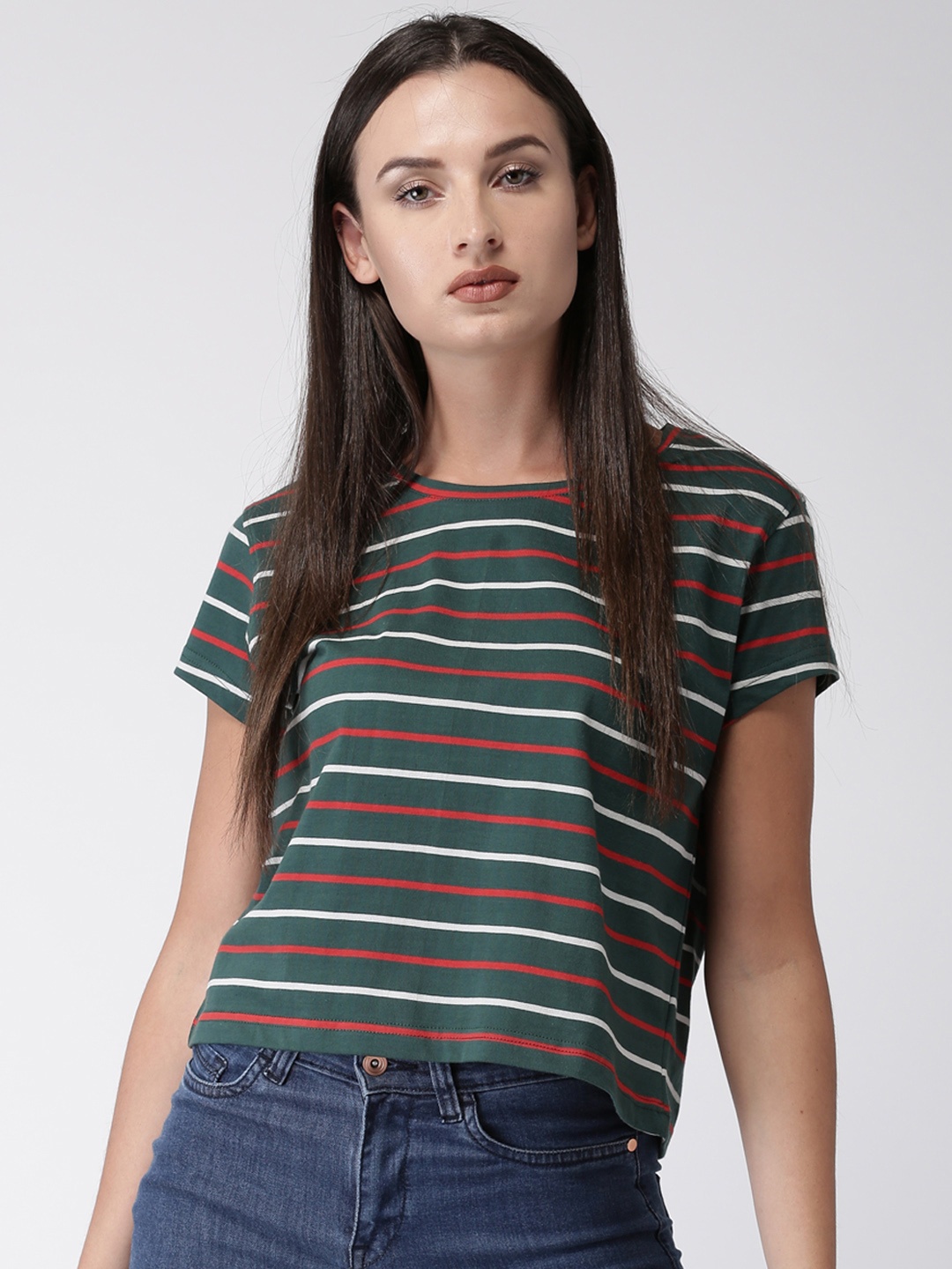

Harvard Women Green Striped Round Neck Pure Cotton T-shirt