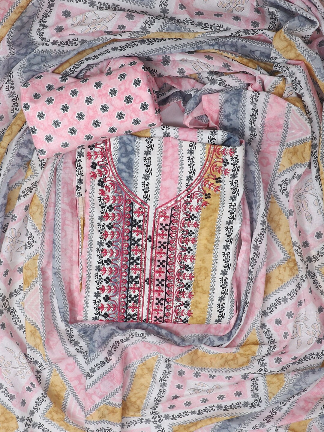 

SALWAR STUDIO Embroidered Floral Printed Pure Cotton Unstitched Dress Material, Pink