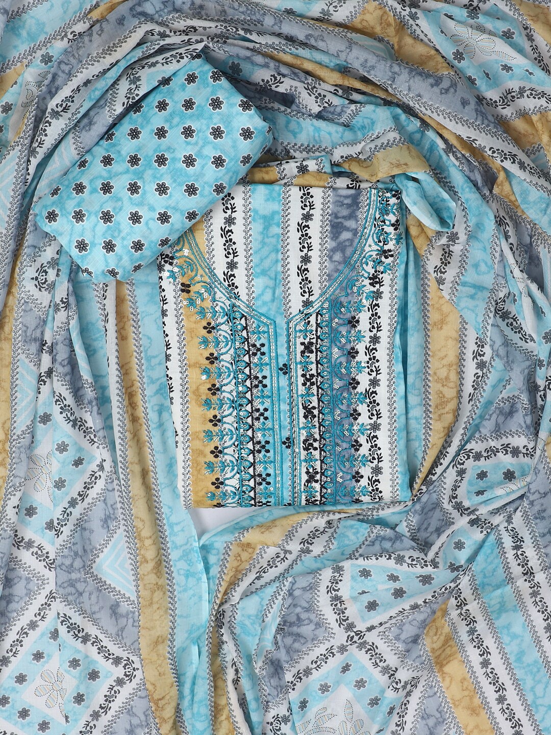 

SALWAR STUDIO Floral Printed & Embroidered Pure Cotton Unstitched Dress Material, Teal