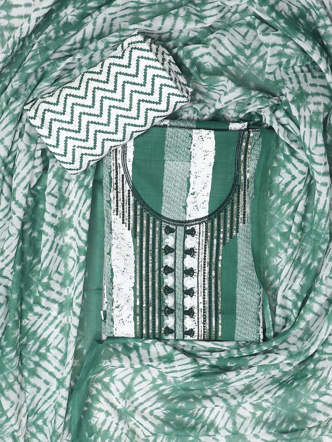 

SALWAR STUDIO Striped & Embroidered Pure Cotton Unstitched Dress Material, Green