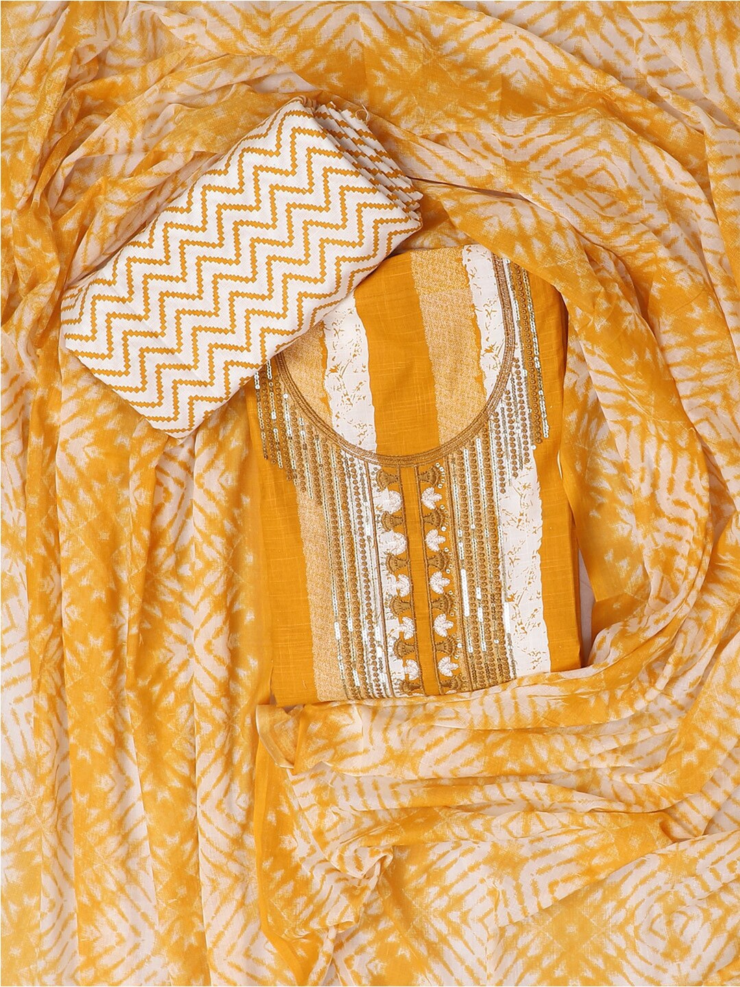 

SALWAR STUDIO Embroidered Striped Printed Pure Cotton Unstitched Dress Material, Yellow