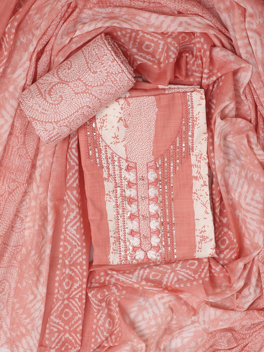 

SALWAR STUDIO Striped & Sequinnned Embroidered Pure Cotton Unstitched Dress Material, Pink