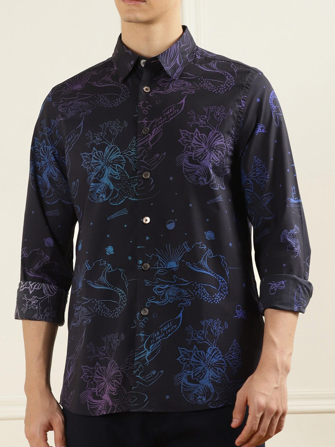 

PS By Paul Smith Floral Printed Pure Cotton Casual Shirt, Navy blue